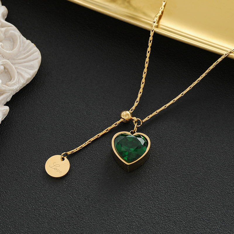 Emerald Diamond Heart Titanium Steel Necklace For Women