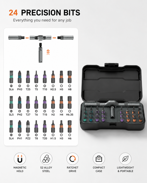 24-in-1 Multifunction Ratchet Screwdriver Set | Magnetic Bits & Mini Repair Kit
