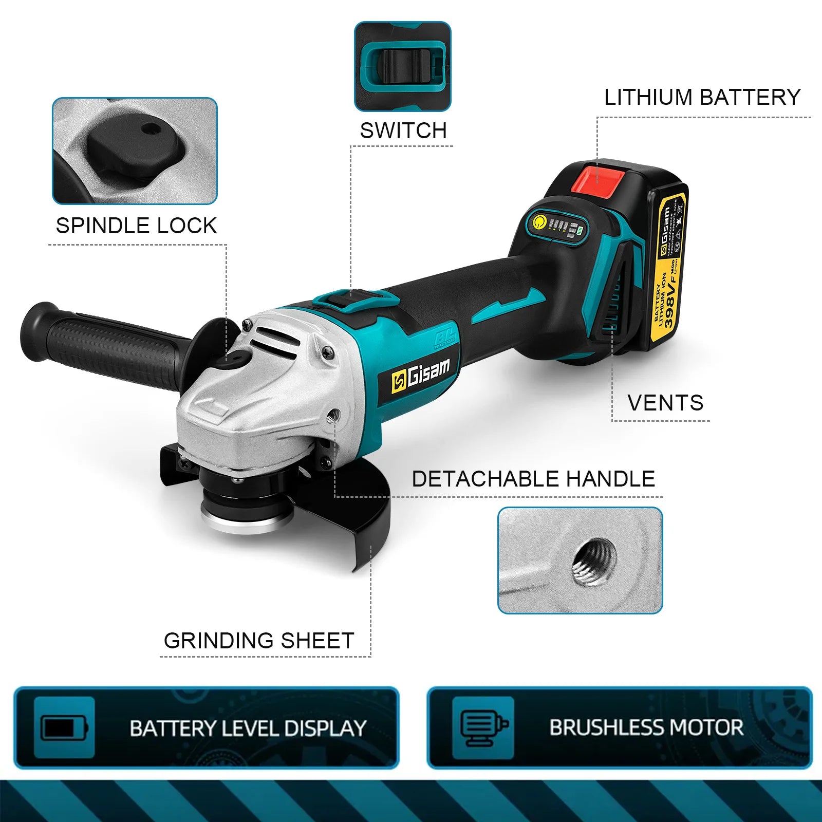 “Gisam 125MM Brushless Angle Grinder - Variable Speed for Makita 18V.”