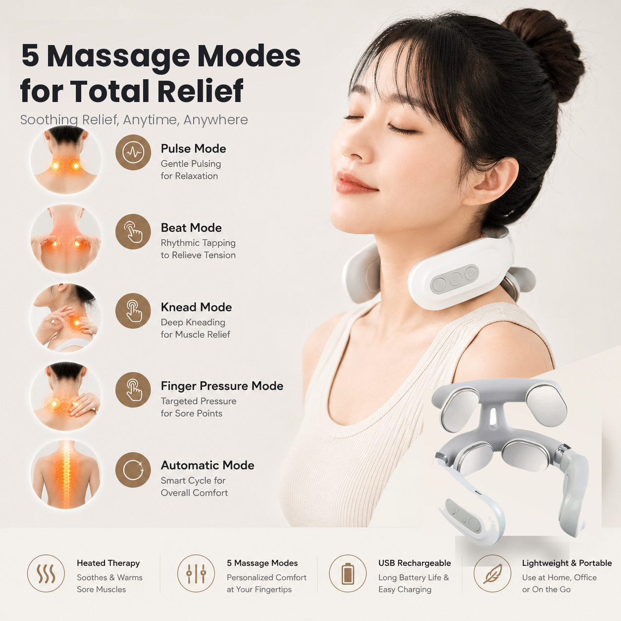 ComfortPulse™ 4-Head Electric Massager – Heat Therapy, 6 Modes & USB Rechargeable for Neck, Back & Shoulders
