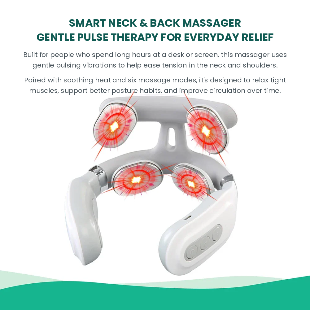 ComfortPulse™ 4-Head Electric Massager – Heat Therapy, 6 Modes & USB Rechargeable for Neck, Back & Shoulders